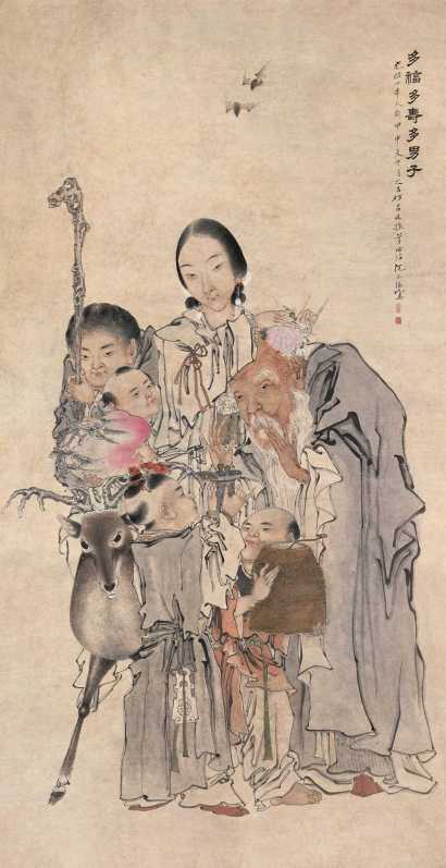 沈心海 甲申(1884)年作 多福多寿多男子 镜心